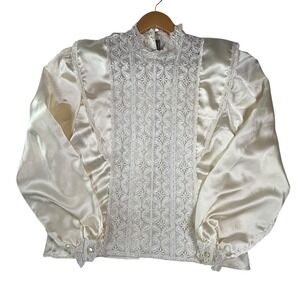 Vintage Sonya Ratay San Andre Cream Lace‎ Trim High Neck Puff Sleeve Blouse USA